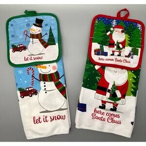 2 Homemade Holiday Christmas Handing Dish Kitchen Towels with Bell and Hot Pad